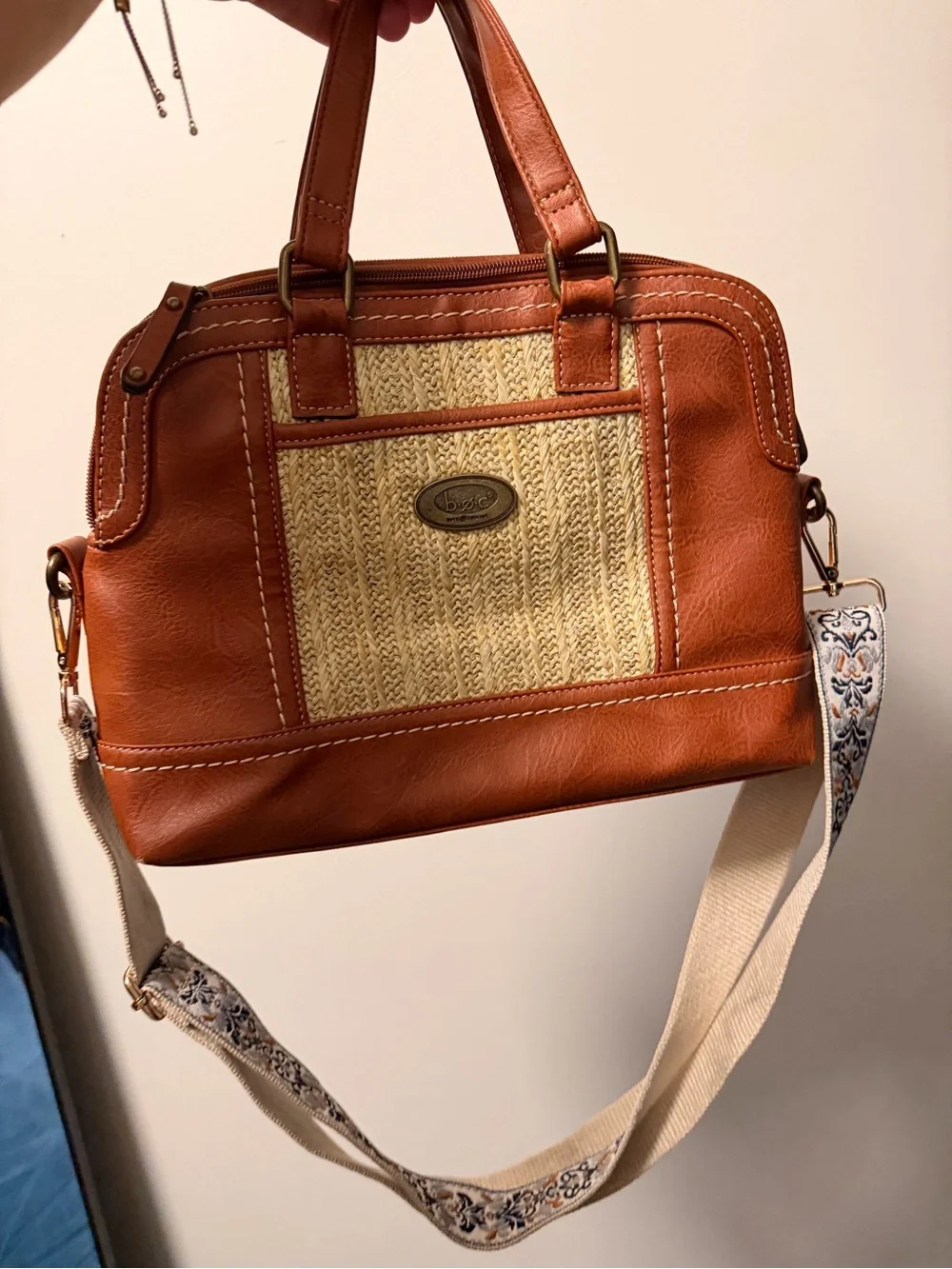 b.o.c. Tan Faux-Leather & Straw-Panel Satchel